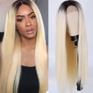 human hair blend lace front platinum blonde wig.